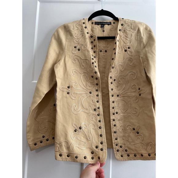 Linda Allard Ellen Tracy Tan Embroidered Studded Open Front Jacket Petite 4 - Picture 5 of 10